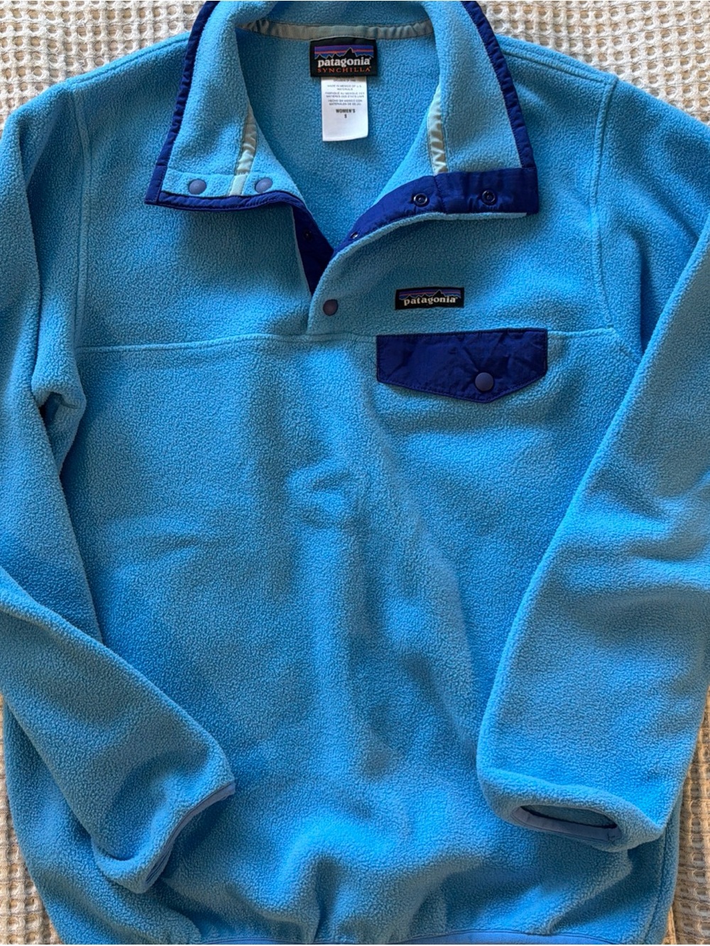 Patagonia Women’s Light Blue Fleece Pullover with Royal Blue Accents